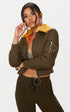 PLT KHAKI RING PULL FAUX FUR COLLAR BOMBER JACKET
